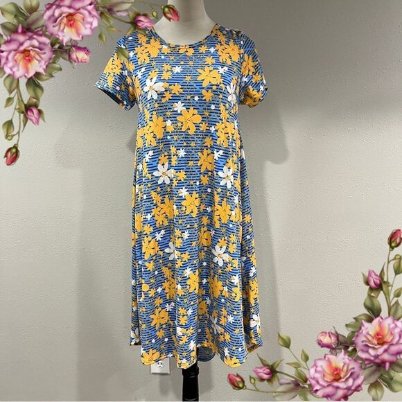 LuLaRoe Carly floral striped print Casual hi-low Midi dress size XS - Picture 1 of 11